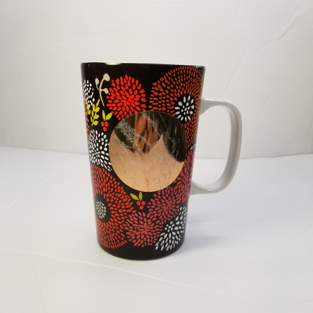 Starbucks 2014 Dot Collection Brown Flower Floral Gold Ceramic Mug Cup 16 fl oz
